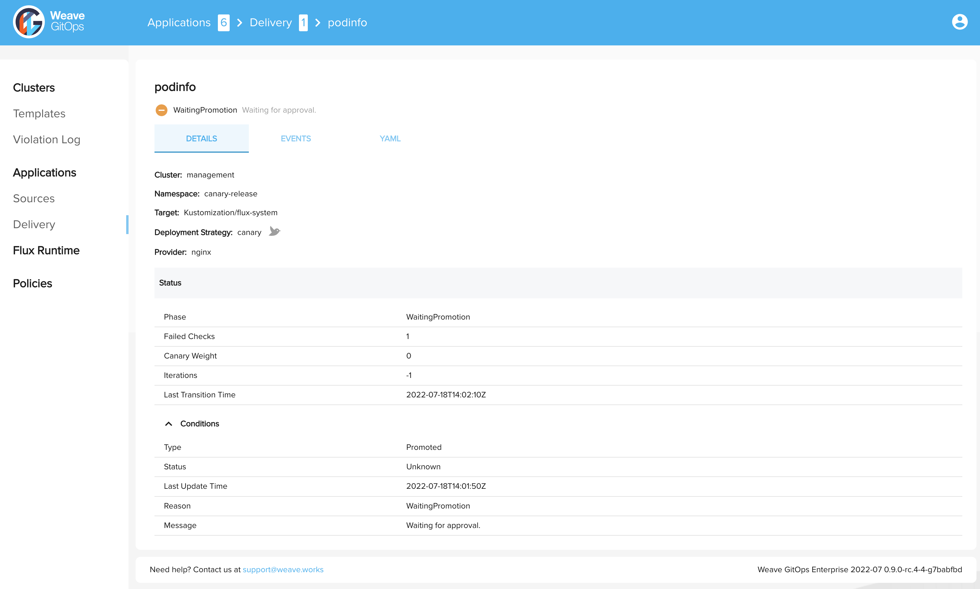 Podinfo Canary showing Waiting Promotion - details view